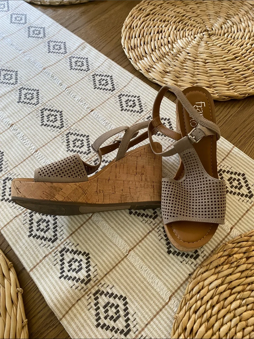 Franco Sarto Taupe Perforated Cork Wedge Sandals